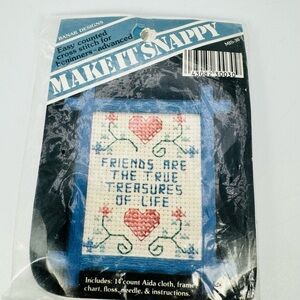 VTG Mini Cross Stitch Kit Frame Friends Are True Treasure Banar Designs 3” NOS